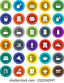 White Solid Icon Set- soap vector, scraper, bucket, sponge, water tap, bath, foam basin, sprayer, shower, closet, sink, kettle, measuring cup, double boiler, jug, enegry drink, bottle, pool, heating