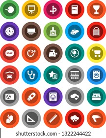 White Solid Icon Set- soap vector, sponge, washer, washboard, corner ruler, presentation, exam, route, truck trailer, clock, glass, insemination, stethoscope, ovule, cloud shield, exchange, pond