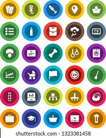 White Solid Icon Set- soap vector, broom, vacuum cleaner, blender, mushroom, graduate hat, certificate, archive, flag, graph, laptop, case, punching bag, breads, bone, gymnast rings, traffic light