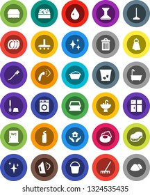 White Solid Icon Set- soap vector, vacuum cleaner, mop, rake, bucket, sponge, towel, trash bin, water drop, car fetlock, shining, steaming, bath, toilet brush, washer, foam basin, cleaning agent