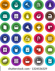 White Solid Icon Set- soap vector, scraper, fetlock, bucket, sponge, towel, bath, drying clothes, washer, washing powder, shower, sink, dishwasher
