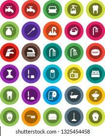White Solid Icon Set- soap vector, water tap, fetlock, mop, sponge, car, bath, toilet brush, liquid, paper, shower, sink, tooth, epilator