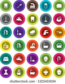 White Solid Icon Set- soap vector, water tap, fetlock, mop, sponge, car, bath, toilet brush, liquid, paper, shower, sink, tooth, epilator
