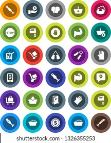 White Solid Icon Set- soap vector, cleaner trolley, foam basin, rubber glove, mixer, blender, dollar coin, investment, hand trainer, muscule, boxing, traking, cargo, medical room, stop, basket