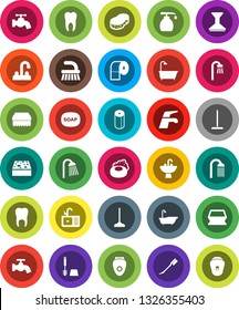 White Solid Icon Set- soap vector, water tap, fetlock, mop, sponge, car, bath, toilet brush, liquid, paper, shower, sink, tooth, epilator