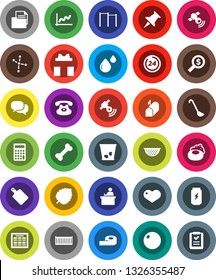 White Solid Icon Set- soap vector, trash bin, colander, ladle, cutting board, student, schedule, leaf, constellation, graph, calculator, money search, measuring, horizontal bar, fitball, bone, heart