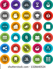 White Solid Icon Set- soap vector, washing powder, cook hat, skimmer, toaster, bbq, cake, backpack, schedule, wallet, man, bike, skateboard, pool, barcode, satellitie, equalizer, stop button, sperm