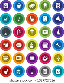 White Solid Icon Set- soap vector, plunger, scraper, cleaner trolley, broom, mop, bucket, sponge, towel, trash bin, window cleaning, welcome mat, toilet, drying clothes, washer, liquid, shining