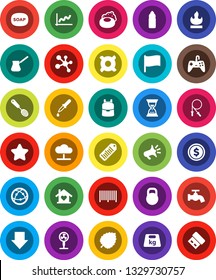 White Solid Icon Set- soap vector, water tap, skimmer, turk coffee, backpack, flag, leaf, dollar coin, graph, sand clock, arrow down, any currency, jump rope, molecule, bottle, weight, flammable