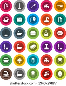 White Solid Icon Set- soap vector, water tap, fetlock, mop, sponge, car, bath, toilet brush, liquid, paper, shower, sink, tooth, epilator