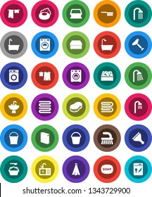 White Solid Icon Set- soap vector, scraper, fetlock, bucket, sponge, towel, bath, drying clothes, washer, washing powder, shower, sink, dishwasher