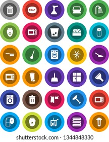 White Solid Icon Set- soap vector, plunger, scraper, cleaner trolley, broom, fetlock, scoop, sponge, trash bin, drying clothes, washer, shining window, toilet paper, shower, towel, microwave oven