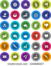 White Solid Icon Set- soap vector, cleaner trolley, foam basin, house hold, hand mill, mixer, blender, chicken leg, dollar coin, investment, trainer, muscule, boxing glove, traking, cargo, crutches