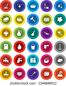 White Solid Icon Set- soap vector, scraper, broom, water tap, vacuum cleaner, mop, rake, scoop, bucket, sponge, drop, car fetlock, shining, window cleaning, splotch, welcome mat, iron, toilet brush