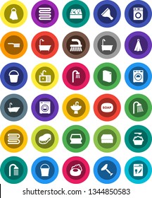 White Solid Icon Set- soap vector, scraper, fetlock, bucket, sponge, towel, bath, washer, washing powder, shower, sink, dishwasher