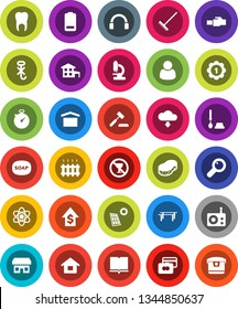 White Solid Icon Set- soap vector, rake, sponge, toilet brush, book, atom, credit card, dollar growth, stopwatch, horizontal bar, medal, no alcohol sign, dry cargo, hook, radio, headphones, battery