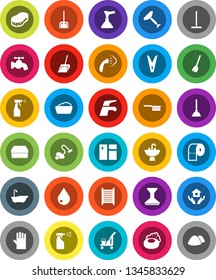 White Solid Icon Set- soap vector, plunger, scraper, cleaner trolley, broom, water tap, vacuum, fetlock, mop, scoop, clothespin, sponge, drop, car, window cleaning, steaming, bath, foam basin, sink
