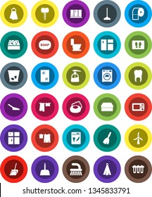 White Solid Icon Set- soap vector, broom, fetlock, mop, scoop, sponge, towel, trash bin, window cleaning, welcome mat, toilet, drying clothes, washer, liquid, shining, paper, tooth, implant