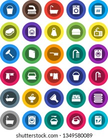 White Solid Icon Set- soap vector, scraper, fetlock, bucket, sponge, towel, bath, drying clothes, washer, washing powder, shower, sink, dishwasher