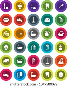 White Solid Icon Set- soap vector, fetlock, mop, sponge, water tap, car, bath, toilet brush, liquid, paper, shower, sink, tooth, epilator