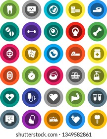 White Solid Icon Set- soap vector, liquid, barbell, measuring, stopwatch, muscule hand, heart monitor, breads, pool, cross, bone, stadium, vial, pregnancy, pills, bottle, eye doctor hat, diagnostic