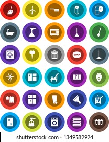 White Solid Icon Set- soap vector, plunger, scraper, cleaner trolley, broom, fetlock, mop, scoop, trash bin, window cleaning, bath, drying clothes, washer, liquid, shining, toilet paper, towel