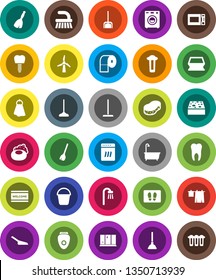 White Solid Icon Set- soap vector, plunger, broom, fetlock, mop, scoop, bucket, sponge, towel, welcome mat, bath, drying clothes, shining window, toilet paper, microwave oven, tooth, implant, washer