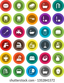 White Solid Icon Set- soap vector, water tap, fetlock, mop, sponge, car, bath, toilet brush, liquid, paper, shower, sink, tooth, epilator
