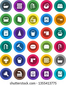 White Solid Icon Set- soap vector, scraper, fetlock, bucket, sponge, towel, bath, drying clothes, washer, washing powder, shower, sink, dishwasher