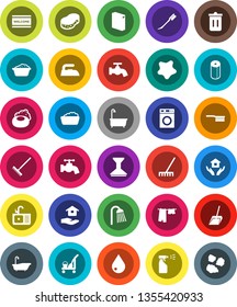 White Solid Icon Set- soap vector, cleaner trolley, fetlock, scoop, rake, sponge, trash bin, water drop, tap, car, splotch, welcome mat, iron, bath, drying clothes, washer, foam basin, sprayer, sink