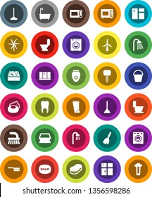White Solid Icon Set- soap vector, plunger, broom, fetlock, mop, bucket, sponge, trash bin, window cleaning, bath, toilet, shining, shower, microwave oven, tooth, implant, windmill, washer, epilator