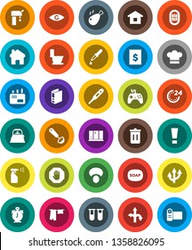 White Solid Icon Set- soap vector, trash bin, toilet, drying clothes, sprayer, shining window, kettle, cook hat, ladle, mushroom, chicken leg, alarm clock, binder, stadium, route, receipt, gamepad