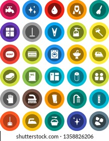 White Solid Icon Set- soap vector, broom, vacuum cleaner, fetlock, mop, scoop, clothespin, sponge, trash bin, water drop, tap, shining, window cleaning, welcome mat, iron, washer, washing powder