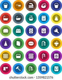 White Solid Icon Set- soap vector, scraper, fetlock, bucket, sponge, towel, bath, drying clothes, washer, washing powder, shower, sink, dishwasher