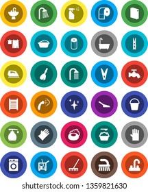 White Solid Icon Set- soap vector, cleaner trolley, broom, fetlock, rake, scoop, bucket, clothespin, water tap, shining, iron, steaming, bath, drying clothes, washer, foam basin, washing powder