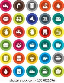 White Solid Icon Set- soap vector, scraper, sponge, water drop, tap, foam basin, closet, sink, kettle, measuring cup, double boiler, jug, enegry drink, pool, pond, supply, dishwasher