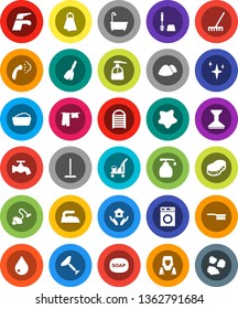 White Solid Icon Set- soap vector, scraper, cleaner trolley, broom, water tap, vacuum, fetlock, mop, rake, sponge, towel, drop, car, shining, splotch, iron, steaming, bath, drying clothes, washer