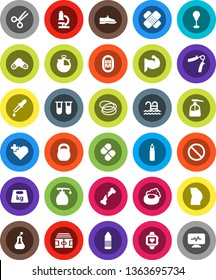 White Solid Icon Set- soap vector, liquid, microscope, stadium, stopwatch, weight, hand trainer, punching bag, muscule, buttocks, snickers, heart monitor, water bottle, pool, prohibition sign, cross