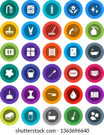 White Solid Icon Set- soap vector, broom, vacuum cleaner, fetlock, rake, scoop, bucket, clothespin, sponge, water drop, car, shining, window cleaning, splotch, welcome mat, steaming, bath, washer