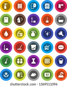 White Solid Icon Set- soap vector, scraper, cleaner trolley, broom, vacuum, scoop, rake, bucket, towel, trash bin, water drop, car fetlock, shining, welcome mat, steaming, bath, drying clothes, sink