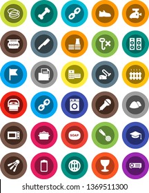 White Solid Icon Set- soap vector, washer, garbage pile, pan, skimmer, knife, microwave oven, graduate hat, flag, snickers, shuttlecock, bone, hoop, document, glass, no hook, microphone, link, chain