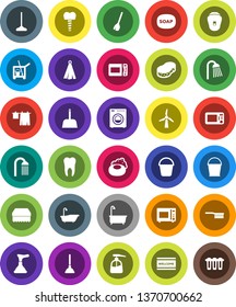 White Solid Icon Set- soap vector, plunger, cleaner trolley, broom, fetlock, mop, scoop, bucket, sponge, welcome mat, bath, drying clothes, liquid, shower, towel, microwave oven, tooth, implant