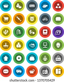 White Solid Icon Set- soap vector, vacuum cleaner, sponge, foam basin, shower, toaster, cookbook, cereal, cart, arrow up, dollar flag, cursor, bike, disk, radio, tomography, notebook network, route