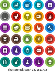 White Solid Icon Set- soap vector, plunger, scraper, cleaner trolley, broom, fetlock, mop, scoop, sponge, towel, trash bin, welcome mat, toilet, liquid, paper, shower, microwave oven, tooth implant