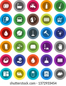 White Solid Icon Set- soap vector, scraper, cleaner trolley, broom, vacuum, mop, scoop, sponge, trash bin, water drop, tap, shining, window cleaning, splotch, welcome mat, iron, steaming, bath
