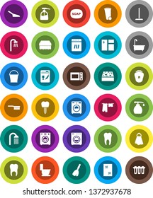White Solid Icon Set- soap vector, broom, fetlock, mop, scoop, bucket, sponge, towel, trash bin, window cleaning, bath, toilet, drying clothes, washer, liquid, shower, microwave oven, tooth, implant