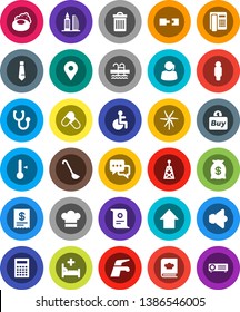 White Solid Icon Set- soap vector, water tap, trash bin, cook hat, ladle, cookbook, thermometer, calculator, certificate, man, arrow up, tie, pills, pool, map pin, support, antenna, speaker, dialog