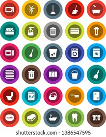 White Solid Icon Set- soap vector, broom, fetlock, mop, scoop, bucket, sponge, trash bin, window cleaning, welcome mat, bath, toilet, washer, liquid, shining, towel, tooth, windmill, dishwasher