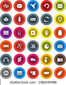 White Solid Icon Set- soap vector, drying clothes, sprayer, jar, presentation, world, molecule, cash, man, any currency, stopwatch, jump rope, calendar, pool, car, headphones, hdmi, gender sign, usb