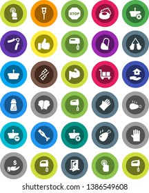 White Solid Icon Set- soap vector, rubber glove, house hold, hand mill, mixer, blender, chicken leg, investment, trainer, muscule, boxing, cargo, touchscreen, finger up, crutches, bandage, stop